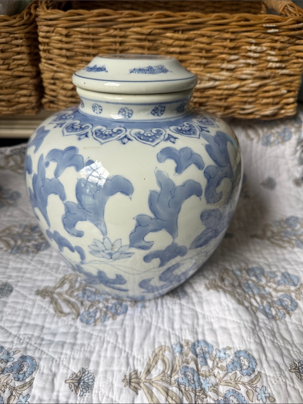 Blue and White Floral Ceramic Ginger Jar with Lid